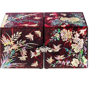 Korean paper hanji Ssanghap (the Four Gracious Plants) red secret mother of pearl jewelry box