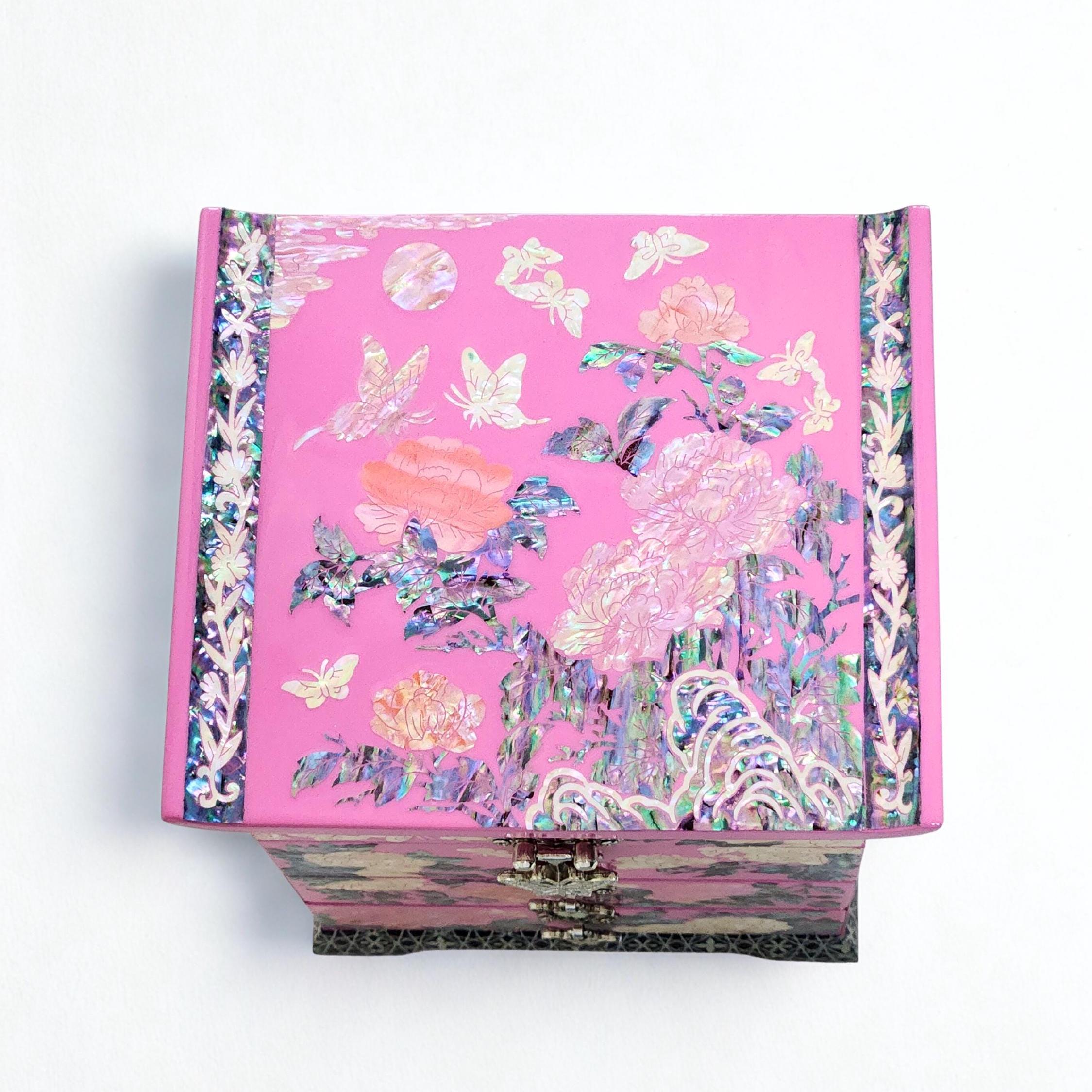 Korean Mother of Pearl Jewelry Box 2 Drawers Peony and Butterfly