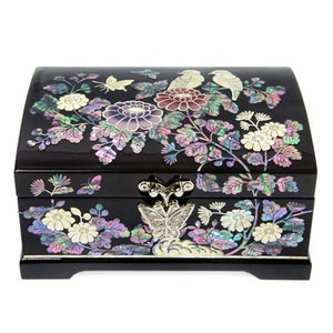 Najeon 2-stage painting of flowers and birds mother of pearl jewelry box black (16cm)