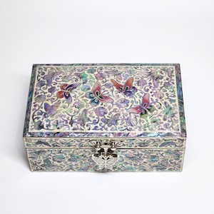 Puede incluir: Una caja de joyería rectangular con una tapa con bisagras, decorada con un patrón de mariposas coloridas sobre un fondo de nácar. La caja tiene un cierre plateado y un diseño de mariposa plateado en la parte delantera.