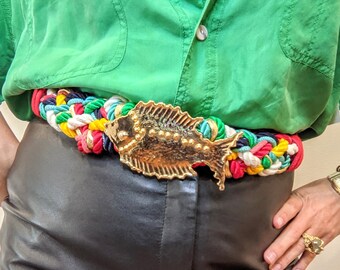 Vintage Rainbow Belt with Gold Fish // Vintage 1980s Rope Belt // One Size Fits Most