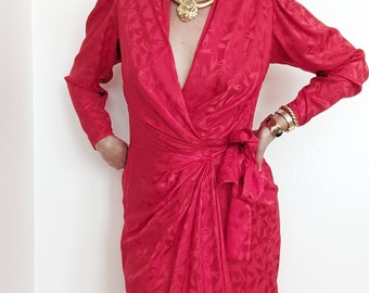 Robe portefeuille en soie rouge Argenti des années 90//robe de vacances vintage