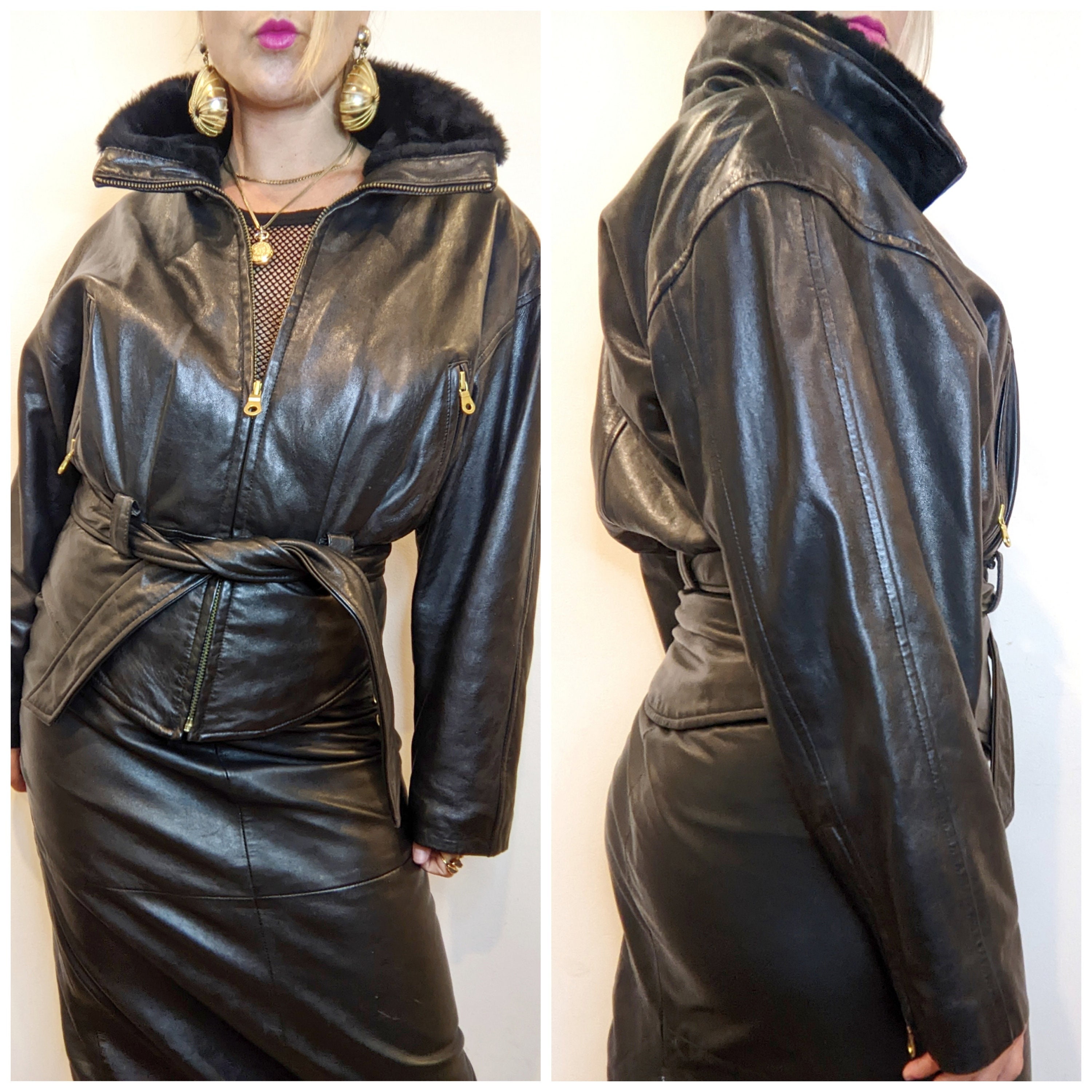 Black Faux Fur Trimmed Leather Bomber Jacket // Vintage 1990s - Etsy
