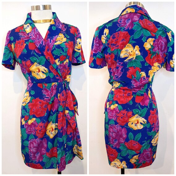 Rainbow Rose Print Floral Mini Dress // Vintage 9… - image 1