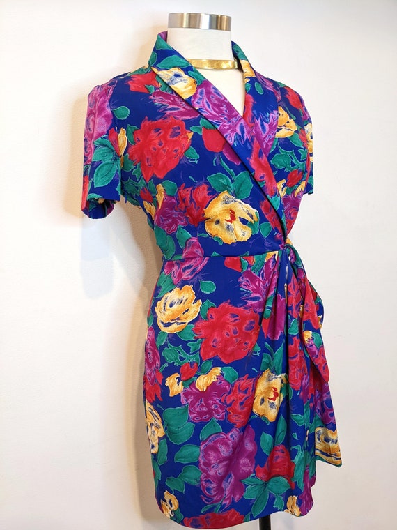 Rainbow Rose Print Floral Mini Dress // Vintage 9… - image 2