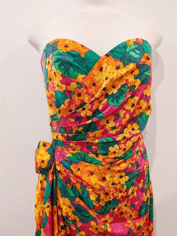 Hot Pink + Orange Floral Mini Silk Dress // Vinta… - image 2