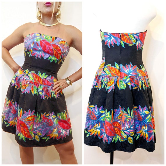 80s A.J. Bari Floral Fit and Flare Cocktail Dress… - image 1