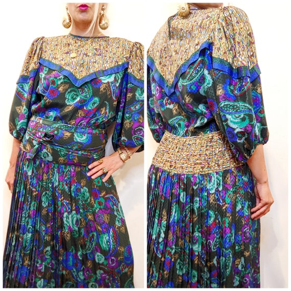 Vintage Susan Freis Dress // Green Blue Floral Pattern Mixed - Etsy