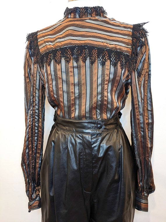 Lurex Striped High-neck Top w/ Edwardian Lace Col… - image 1