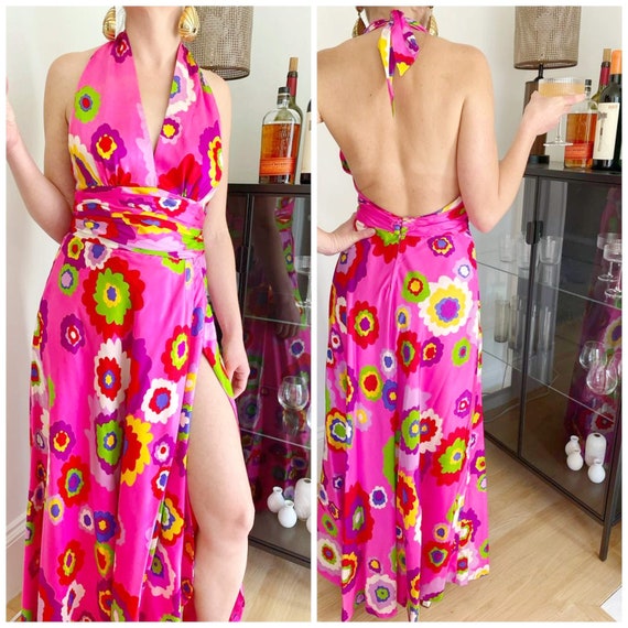 Hot Pink Psychedelic Floral Halter Dress // Vintag