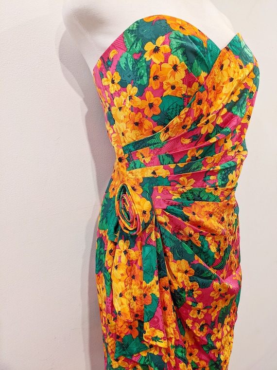 Hot Pink + Orange Floral Mini Silk Dress // Vinta… - image 8