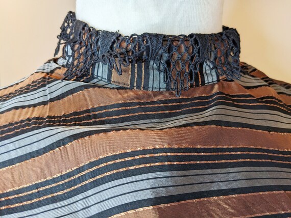 Lurex Striped High-neck Top w/ Edwardian Lace Col… - image 2