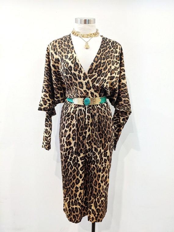 VTG 80s gold button up long sleeve button up shirt leopard Maggy London 14 silk safari animal print
