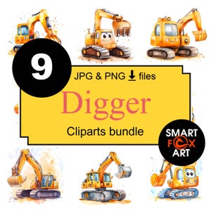 Grappige cartoon graafmachine clipart: aquarel trekker png (commercieel gebruik, digitale download)