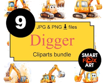 9 clipart engraçado de escavadeira de desenho animado, clipart de trator para crianças, clipart de aquarela para impressão, PNG de alta qualidade, diário de lixo, artesanato em papel,