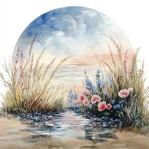 Paisaje floral redondo en acuarela con camino, río y flores silvestres, impresiones circulares con reflejos de la naturaleza, arte de pared DIY (JPG/PNG)