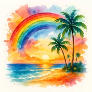 May include: A watercolour painting depicting a rainbow arching over a beach scene with palm trees and a setting sun. The ocean is a vibrant blue, and the sky is a mix of pink, orange, and yellow.