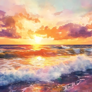 Arte de pared imprimible con hermosas olas del océano al atardecer, pintura digital de acuarela de paisaje marino colorido, decoración de pared con puesta de sol en la playa y el mar, descarga instantánea