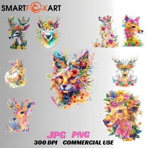 Paquete de imágenes prediseñadas de animales florales coloridos: ciervo, vaca, zorro y animales salvajes en acuarela con flores. Descarga digital PNG JPG de alta calidad.