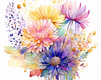 Clipart de crisantemo en acuarela: Gráficos florales vintage (PNG y JPG)