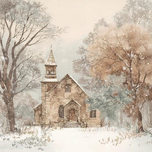 Winter Gothic Church Watercolor Bundle Set of 14, Snowy Cathedral Printable Wall Art Set, Neutral Christmas Decor PNG JPG