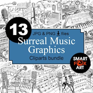 Pode incluir: Ilustração a preto e branco de instrumentos musicais e partituras. A imagem inclui microfones, uma guitarra, uma bateria e um teclado. O texto diz "13 Surreal Music Graphics Cliparts bundle".