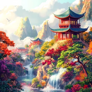 12 Japanische Landschaft Clipart, Japanische Clipart, Asien Wasserfall Berg Clipart, Abstrakte Chinesische Clipart, Hochwertige PNGs, Junk Journal