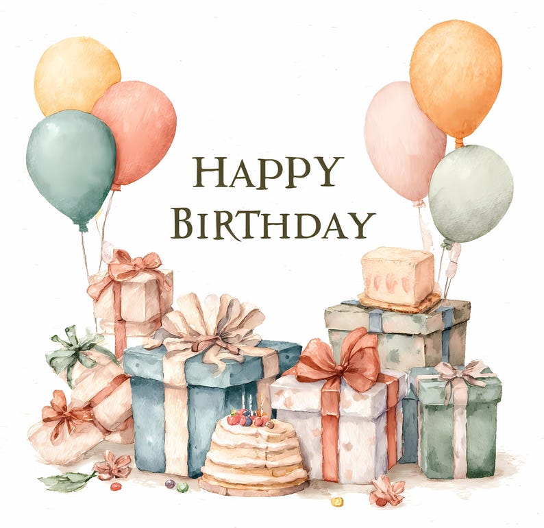 Watercolor Birthday Clipart Bundle: Pastel Balloons, Cakes, Gifts ...