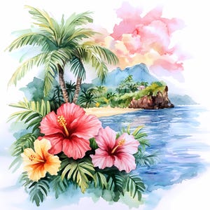 Clipart Hawaï, île tropicale aquarelle cliparts PNGs haute qualité, fond de plage de sable, scène de palmiers au bord de la mer avec des fleurs sauvages PNG