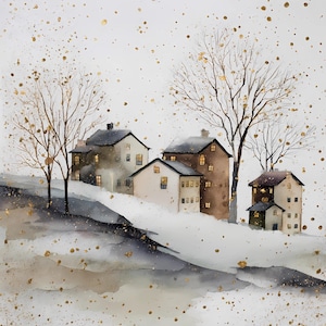 May include: Watercolor painting of a snow-covered village with several houses and bare trees. The houses are various shades of brown and white, with lit windows. Gold flecks are scattered across the white background, creating a wintery scene.