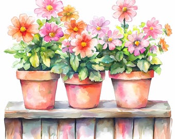 Puede incluir: Pintura a la acuarela de tres macetas de terracota llenas de flores coloridas. Las flores son en tonos rosa, naranja y amarillo, con follaje verde. Las macetas están sobre una estantería de madera.