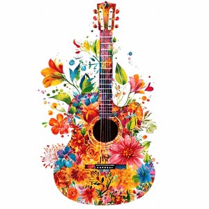 Impression d'art mural guitare florale colorée, téléchargement numérique de guitare acoustique bohème, aquarelle musique botanique art PNG JPG, déco musique fleurs sauvages