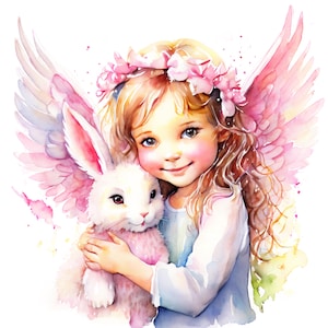 イースターバニーと子供用イースターエンジェルのクリップアートPng Jpgファイル、かわいいイースターエンジェルのイラスト、エンジェルスクラップブッキングバンドル、デジタルペーパーカード
