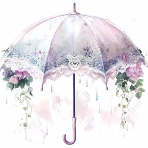 Conjunto de clipart de guarda-chuva floral vintage, guarda-chuva chique gasto em PNG, guarda-chuva de renda elegante em aquarela em JPG, guarda-chuva de chuva romântico, criação de cartões