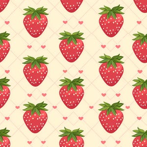 Cute strawberry themed surface design with hand drawn berries and leaves placed in a seamless arrangement, combining playful charm and clean composition, ideal for nursery decor, kids products, fabric textiles, wrapping paper, creative branding materials, scrapbook embellishments, and lighthearted fruit inspired artwork.