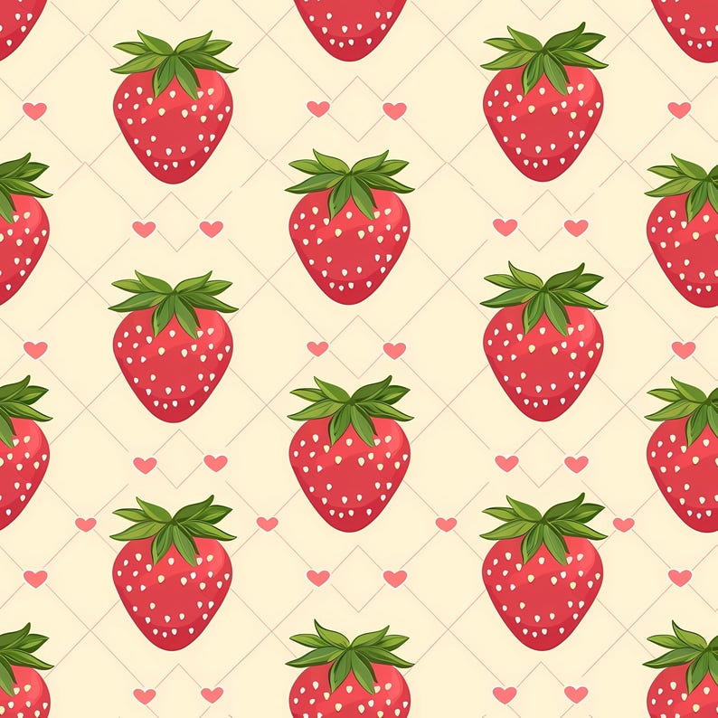 Cute strawberry themed surface design with hand drawn berries and leaves placed in a seamless arrangement, combining playful charm and clean composition, ideal for nursery decor, kids products, fabric textiles, wrapping paper, creative branding materials, scrapbook embellishments, and lighthearted fruit inspired artwork.