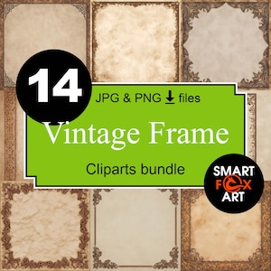 May include: A collection of 14 vintage frame cliparts. The frames have ornate brown borders and aged paper backgrounds. The image includes text that reads "Vintage Frame Cliparts bundle" and "JPG & PNG files".