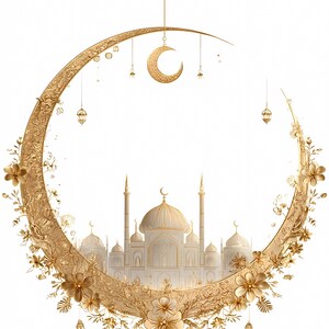 High-quality golden mosque illustration with ornate crescent moon and floral decorations, perfect for Eid Mubarak or Islamic holiday celebrations, featuring detailed domes, minarets and luxury floral elements. Ideal for greeting cards, wall art, DIY projects and printable decorations in Islamic cultural themes. Includes PNG with transparent background and JPG formats for easy use in crafts, sublimation, scrapbooking, digital invitations, and festive design projects.