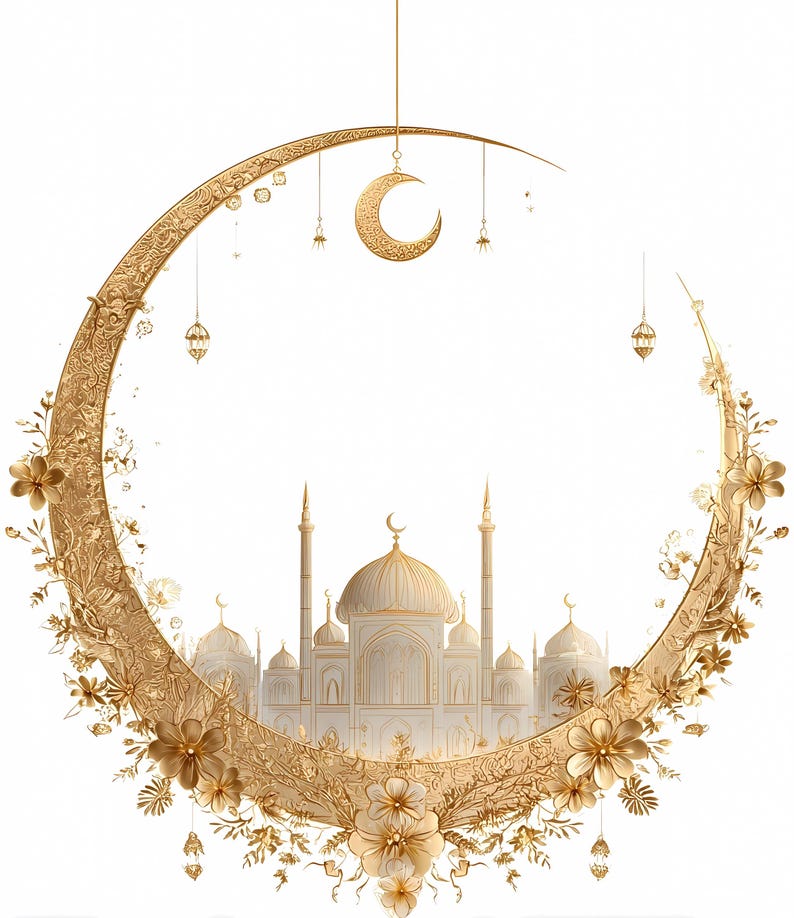 High-quality golden mosque illustration with ornate crescent moon and floral decorations, perfect for Eid Mubarak or Islamic holiday celebrations, featuring detailed domes, minarets and luxury floral elements. Ideal for greeting cards, wall art, DIY projects and printable decorations in Islamic cultural themes. Includes PNG with transparent background and JPG formats for easy use in crafts, sublimation, scrapbooking, digital invitations, and festive design projects.