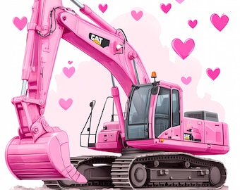 8 clipart de escavadeira rosa, clipart de trator, clipart de aquarela para impressão, PNG JPG de alta qualidade, download digital, cartões, diário