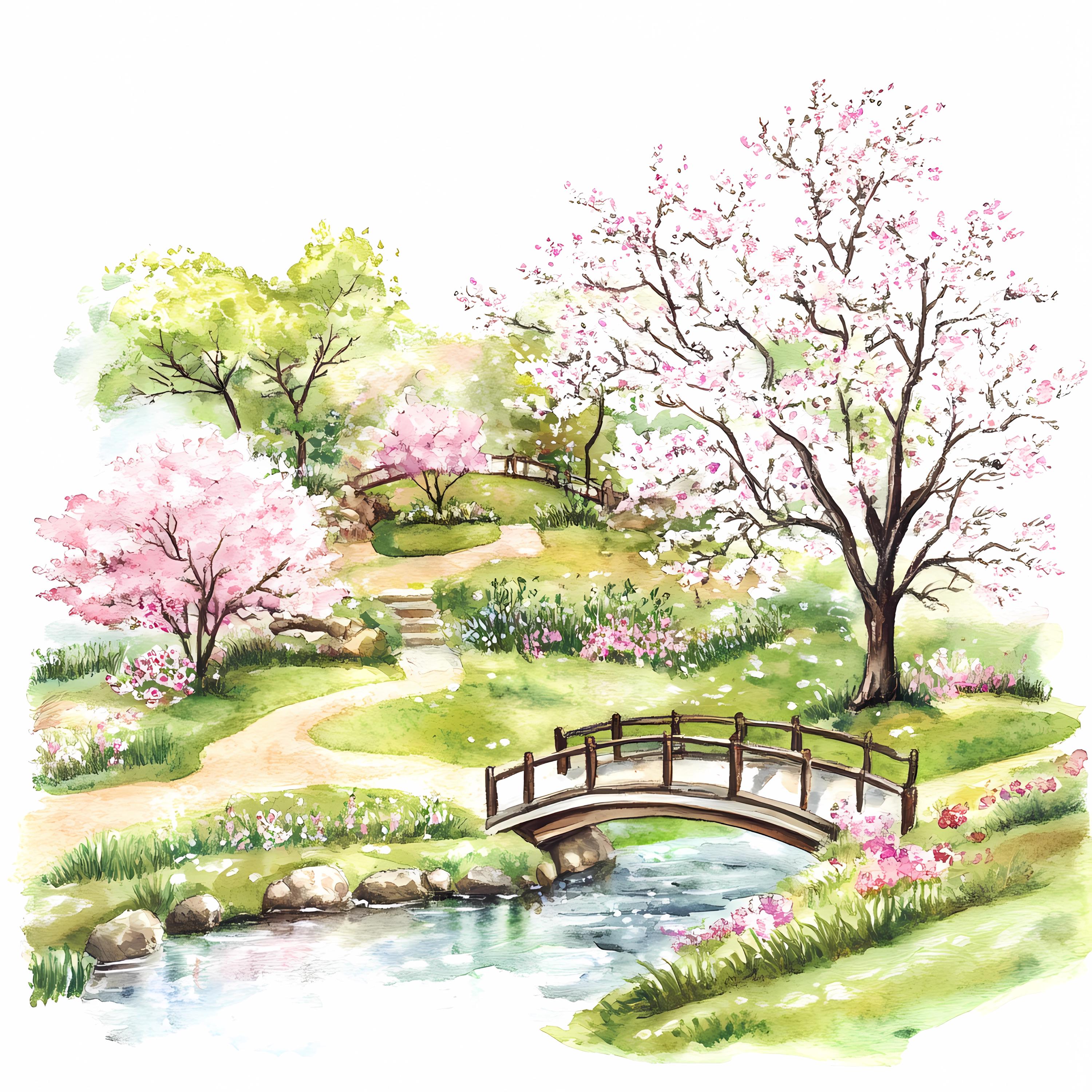 日本の庭園クリップアート8点セット：水彩画風春のアジアアートPNG