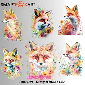 Bundle de cliparts aquarelle renard avec fleurs, renard floral PNG JPG, ensemble de sublimation d'art mural imprimable animal de la forêt boisée renard botanique bohème