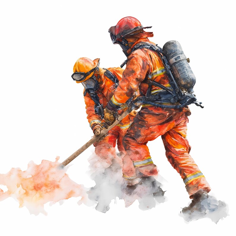 Firefighters Watercolor Action Scenes Emergency Response Heroic Fire ...