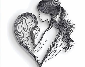 Abstract Woman Heart Line Art PNG, Minimalist Female Silhouette Clipart