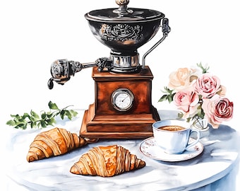 Vintage Coffee Grinder And Croissants PNG Bundle, French Cafe Clipart Set, 686