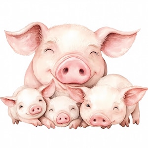 Clipart de acuarela de familia de cerditos, clipart de cerdo de granja, paquete de clipart de familia de cerditos felices, PNG de alta calidad, uso comercial, revista basura