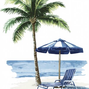 8 cliparts aquarelle de chaises de plage, palmiers PNG fichiers Bundle, clipart bord de mer, clipart vacances d'été, vacances à la mer PNG Bundle