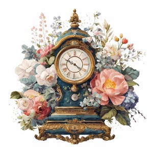 Könnte beinhalten: Eine antike türkisfarbene Uhr mit goldenem Rahmen und römischen Ziffern auf dem Zifferblatt. Die Uhr ist von einer Vielzahl bunter Blumen umgeben, darunter rosa Rosen und weiße Blüten, die eine Vintage-Ästhetik erzeugen.