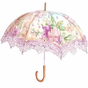 Conjunto de clipart de guarda-chuva floral vintage, guarda-chuva chique gasto em PNG, guarda-chuva de renda elegante em aquarela em JPG, guarda-chuva de chuva romântico, criação de cartões