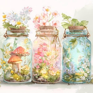Conjunto de 12 imágenes prediseñadas de frascos florales caprichosos, PNG y JPG, flores y hongos de acuarela pastel en terrarios de vidrio, arte de escenas naturales para bricolaje